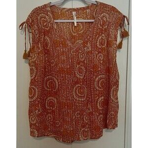 Anthropology Orange Paisley Floral Blouse With Shoulder Tassels - Size XL